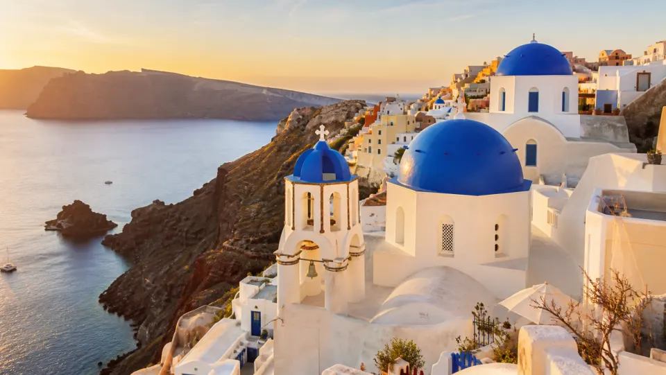 Blue-domed churches in Santorini, Greece
