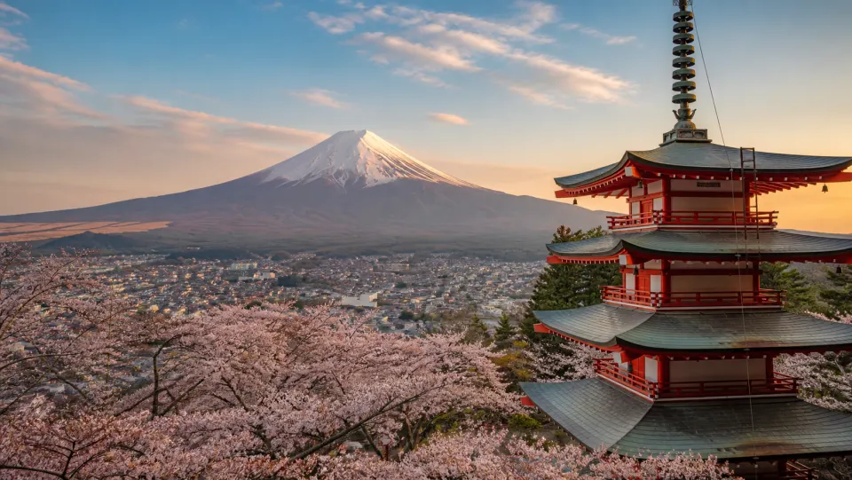 Mount Fuji and a traditional pagoda in Japan
